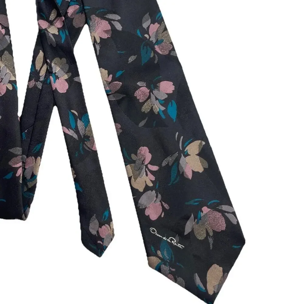 Oscar de la Renta Silk Tie Dark Floral 90s Abstract Painterly Botanical Necktie